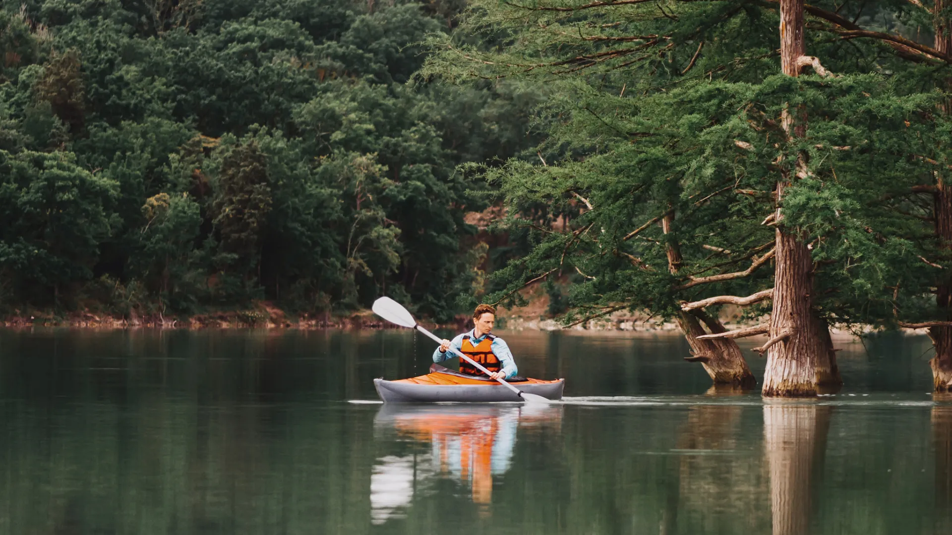 мужчина на лодке в озере среди кипарисов