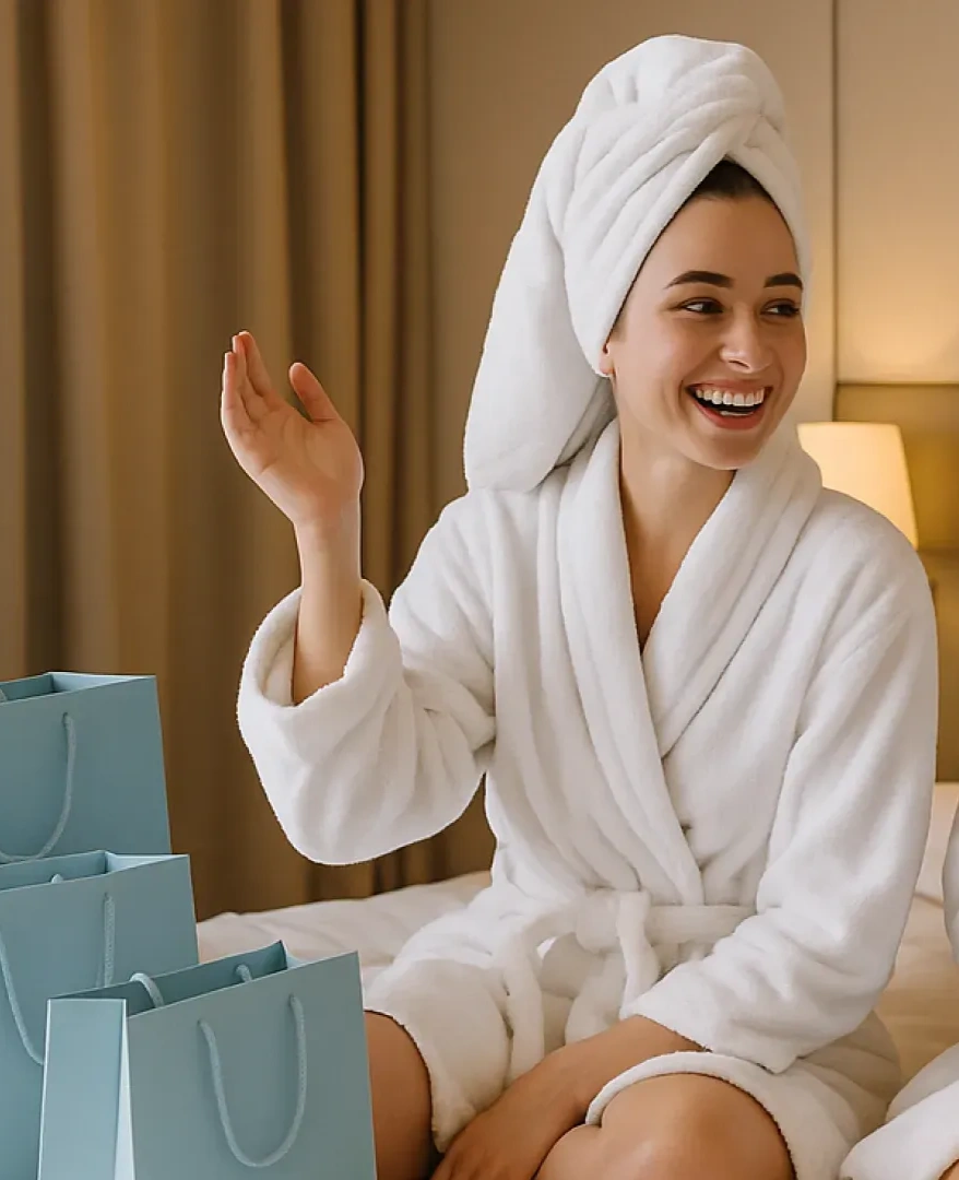 Девушка с подарками в номере