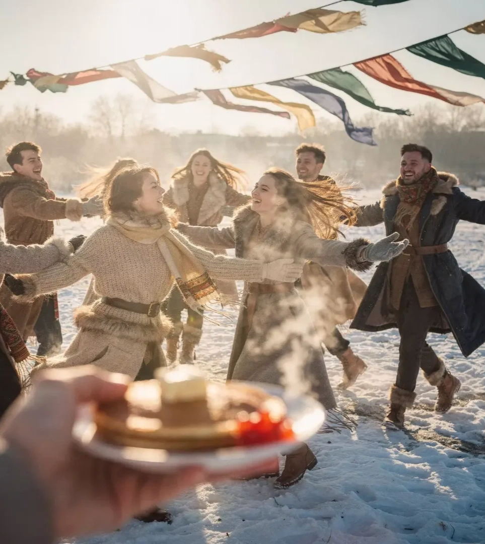 танцующий народ на масленице на улице